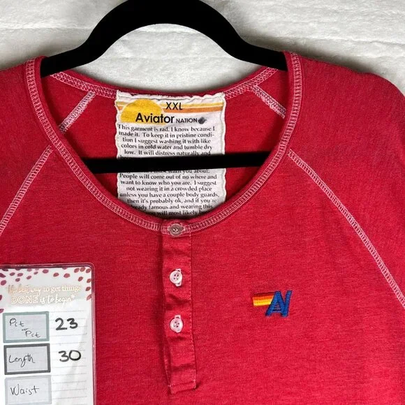 Aviator Nation Long Sleeve Henley Shirt Red XXL Lightning Bolt Logo USA Made - Picture 7 of 9